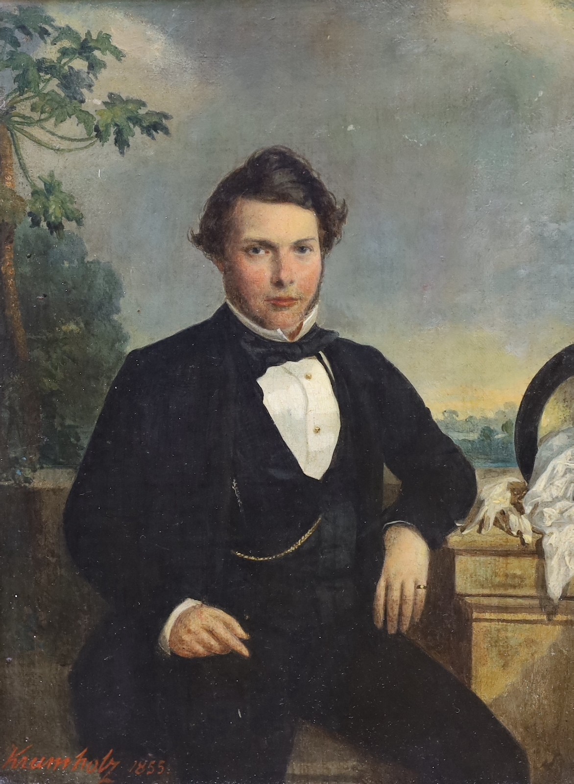 After Ferdinand Krumholz (1810-1878), oil over a printed base, Portrait of a gentleman, signed and dated, 1855, 23 x 17cm